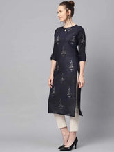 Women Navy Blue Off White Color Printed Straight Kurta